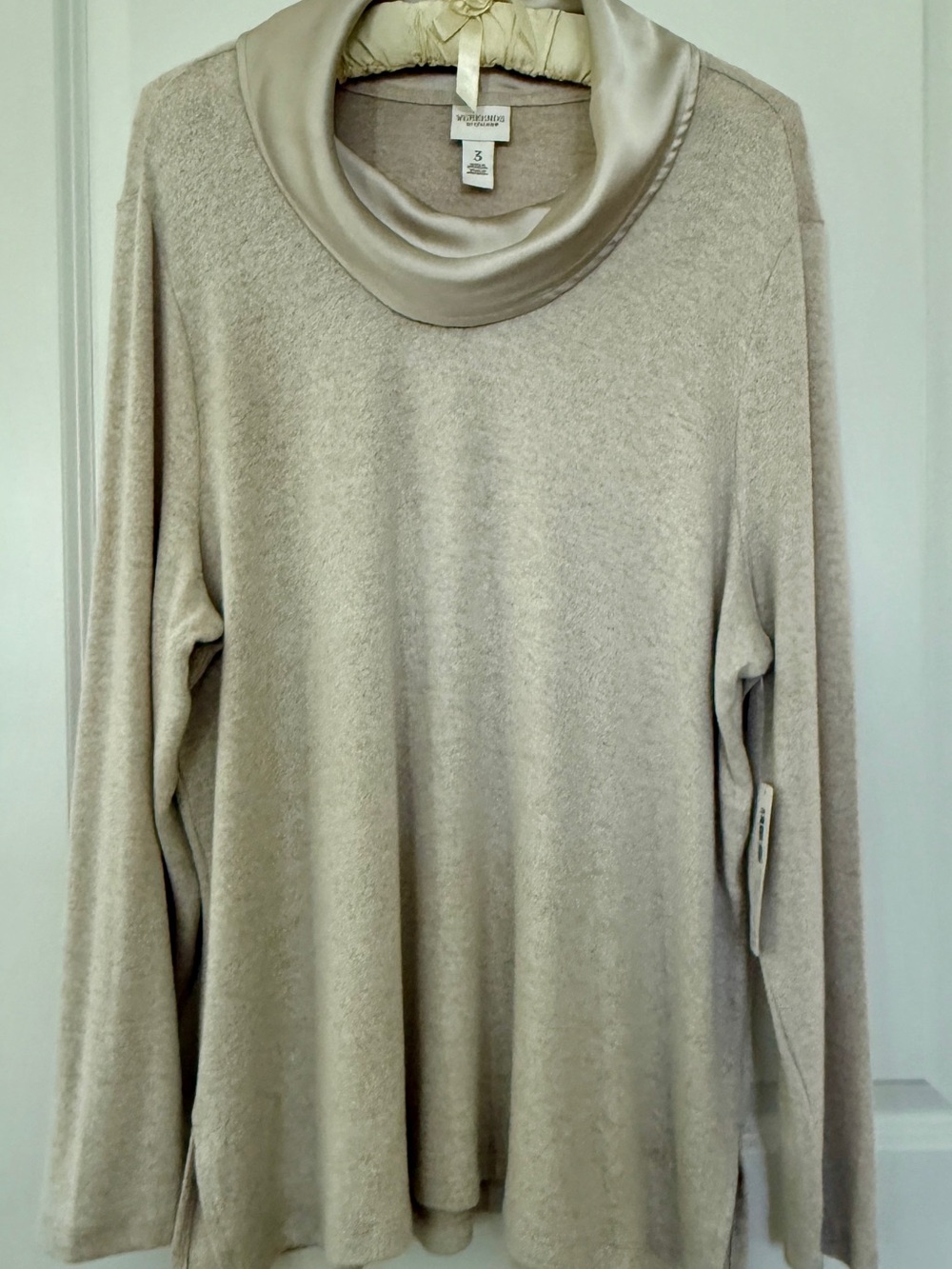 Chico's Satin-Trim Taupe Cream Long Sleeve Cowl Neck Top